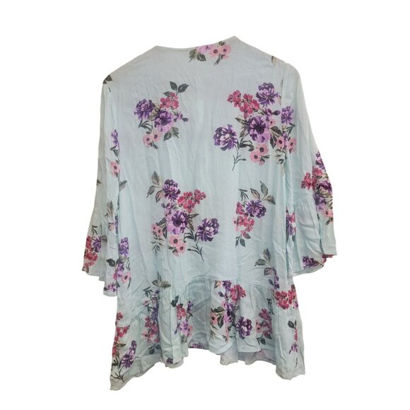 Blu Pepper Floral Tunic‎ Top W/ Lace-Up Neckline & Ruffle Hem Light Blue Large - Picture 4 of 9